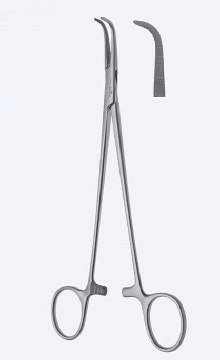 Зажими дисекційні та лігатурні, De Bakey-Mixter, вигнуті, зубчасті щелепи, з кремальєрою, загальна довжина 130 мм. Бренд - Asanus Medizintechnik Gmb, Німеччина